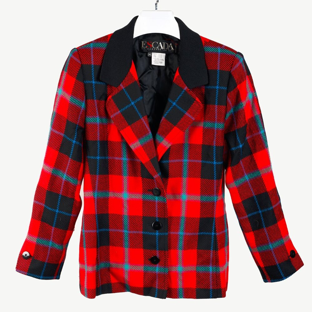 Escada Vintage Red Tartan Single Breasted Tailored Blazer